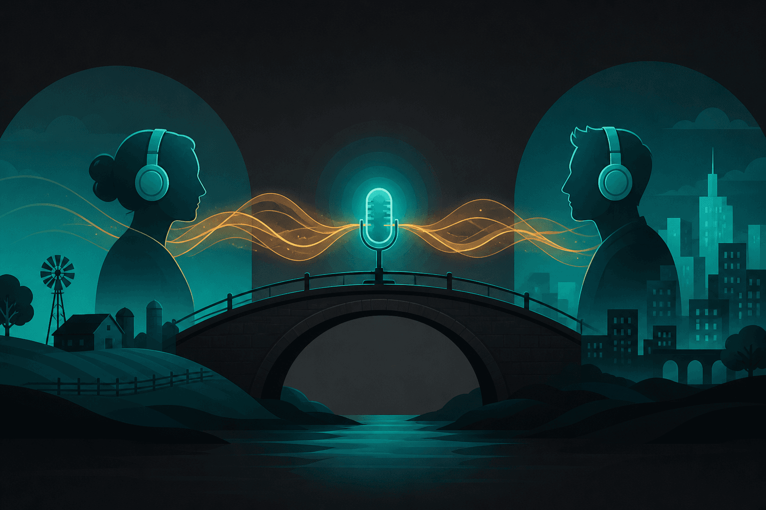 Two people with headphones connected by a bridge and shared microphone glow