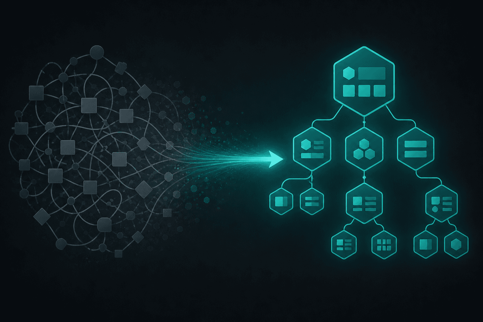 Tangled legacy nodes transforming into a clean modular component tree