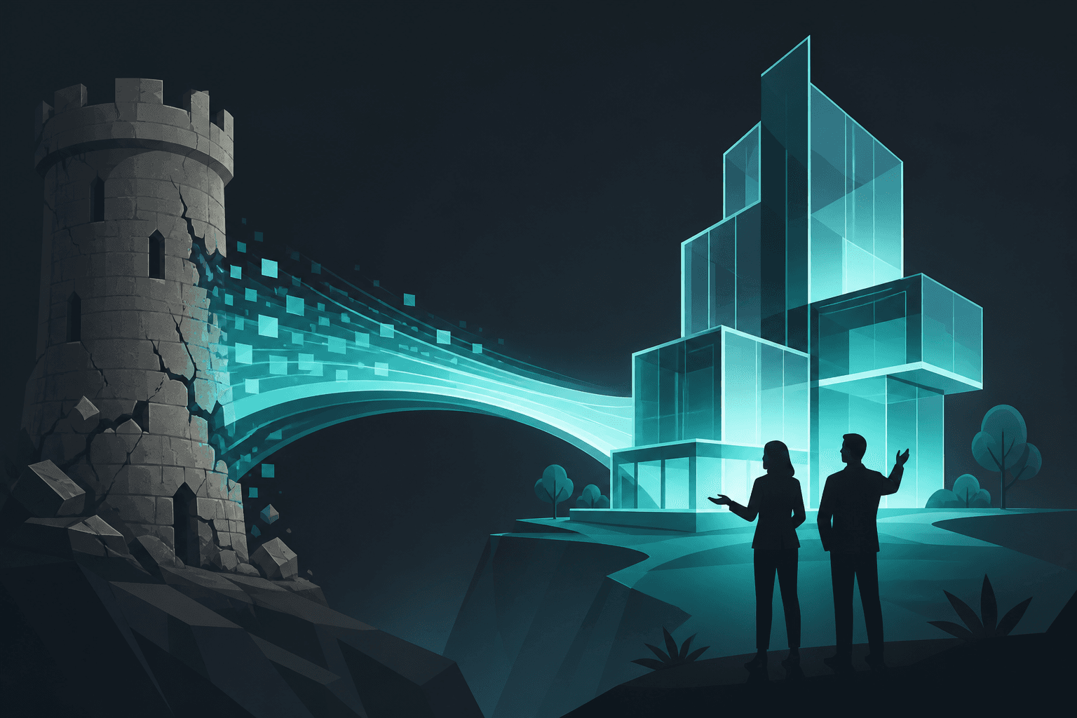 An old cracked tower transforming into a modern glass structure across a bridge of light