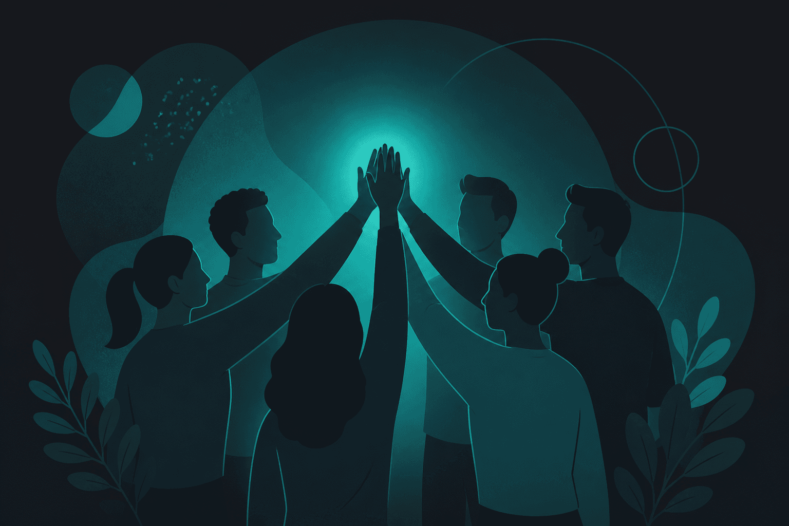 Team silhouettes gathered in a circle with a shared glow of connection