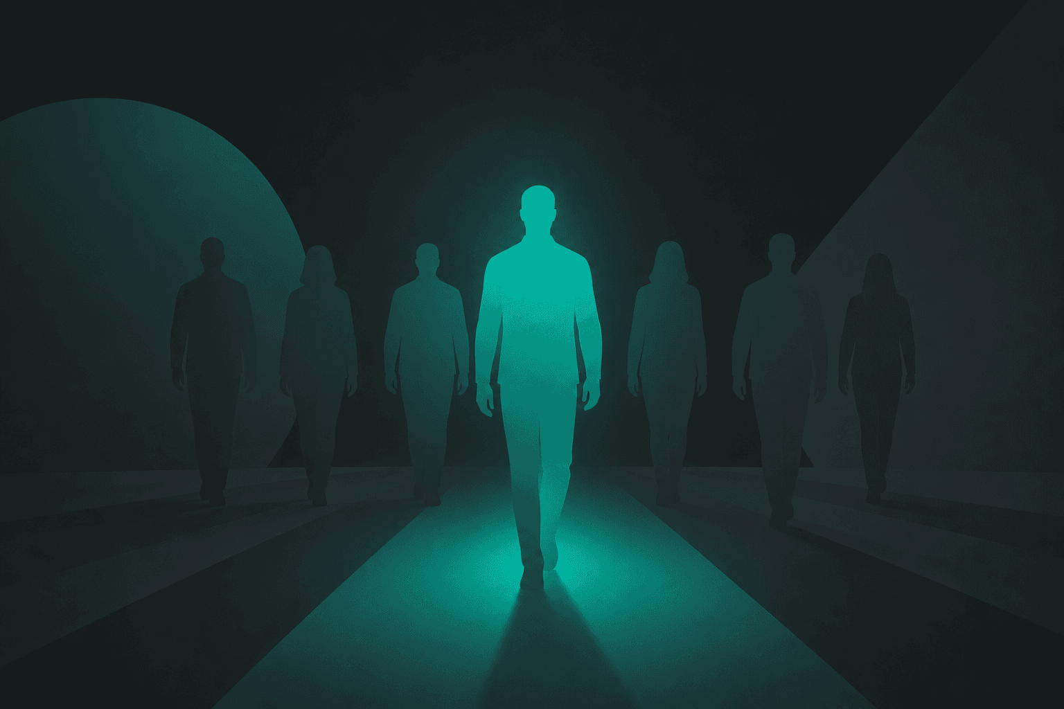 One illuminated figure walking slightly ahead of a team of softer silhouettes