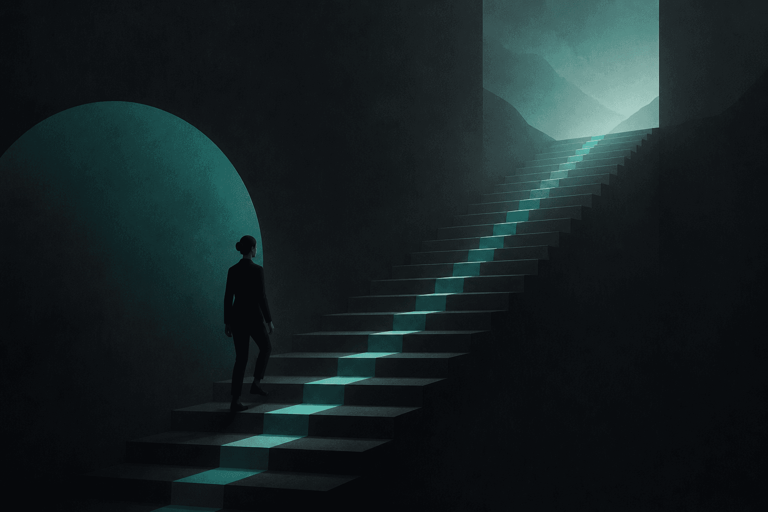 Quiet ascending stairs fading into mist with a subtle light path