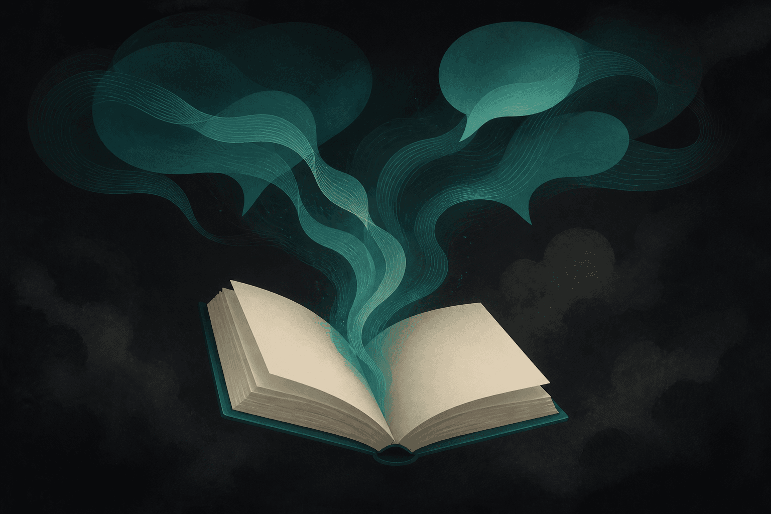 Open book with pages transforming into flowing speech waves