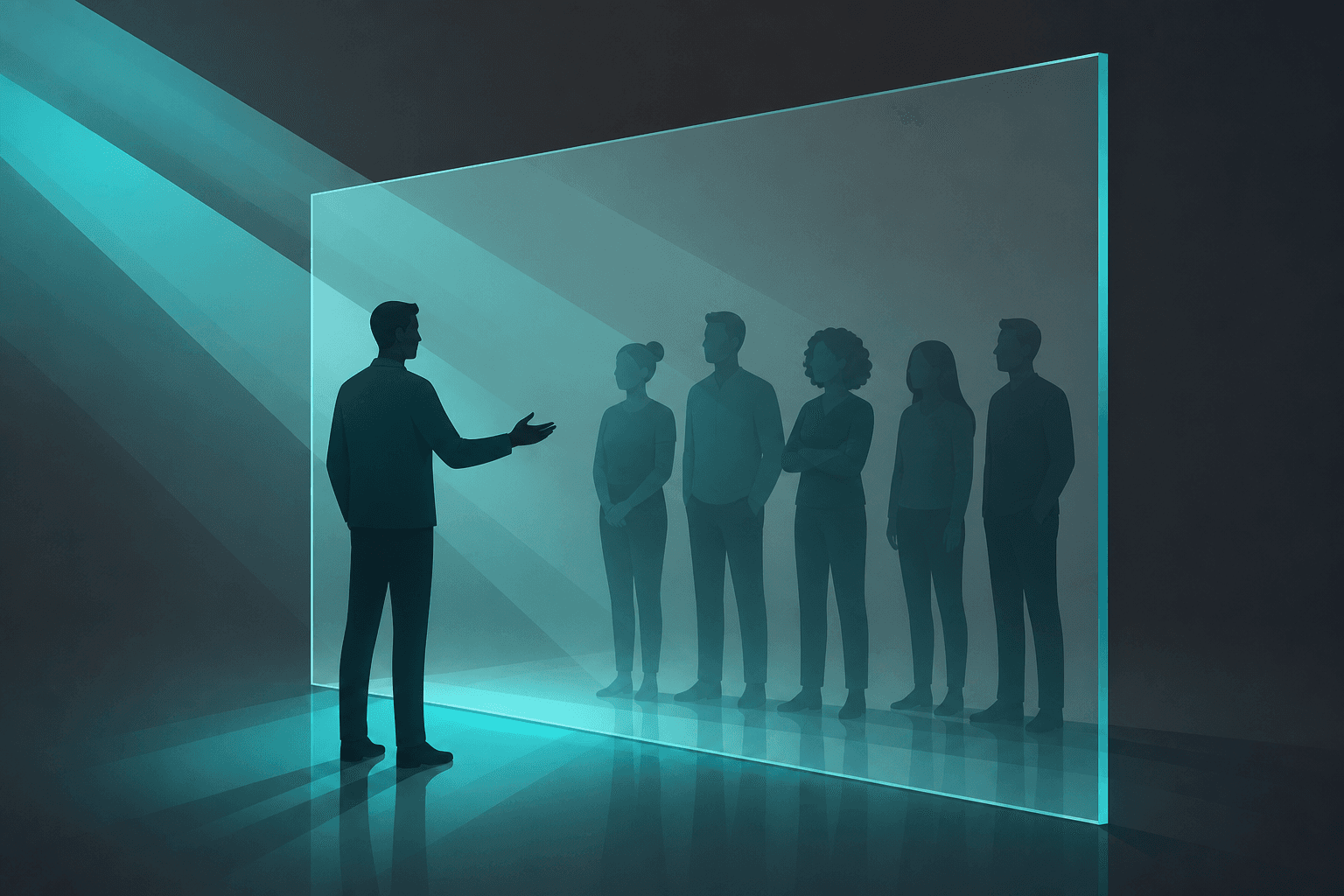 A leader and team visible through a clear glass panel with open light passing through