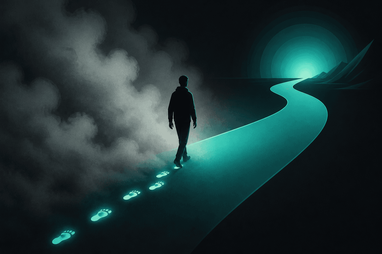 A silhouette stepping from dense fog onto a clear glowing path