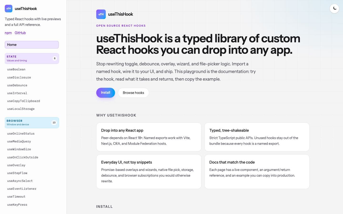 useThisHook docs — typed hooks with live previews and API reference