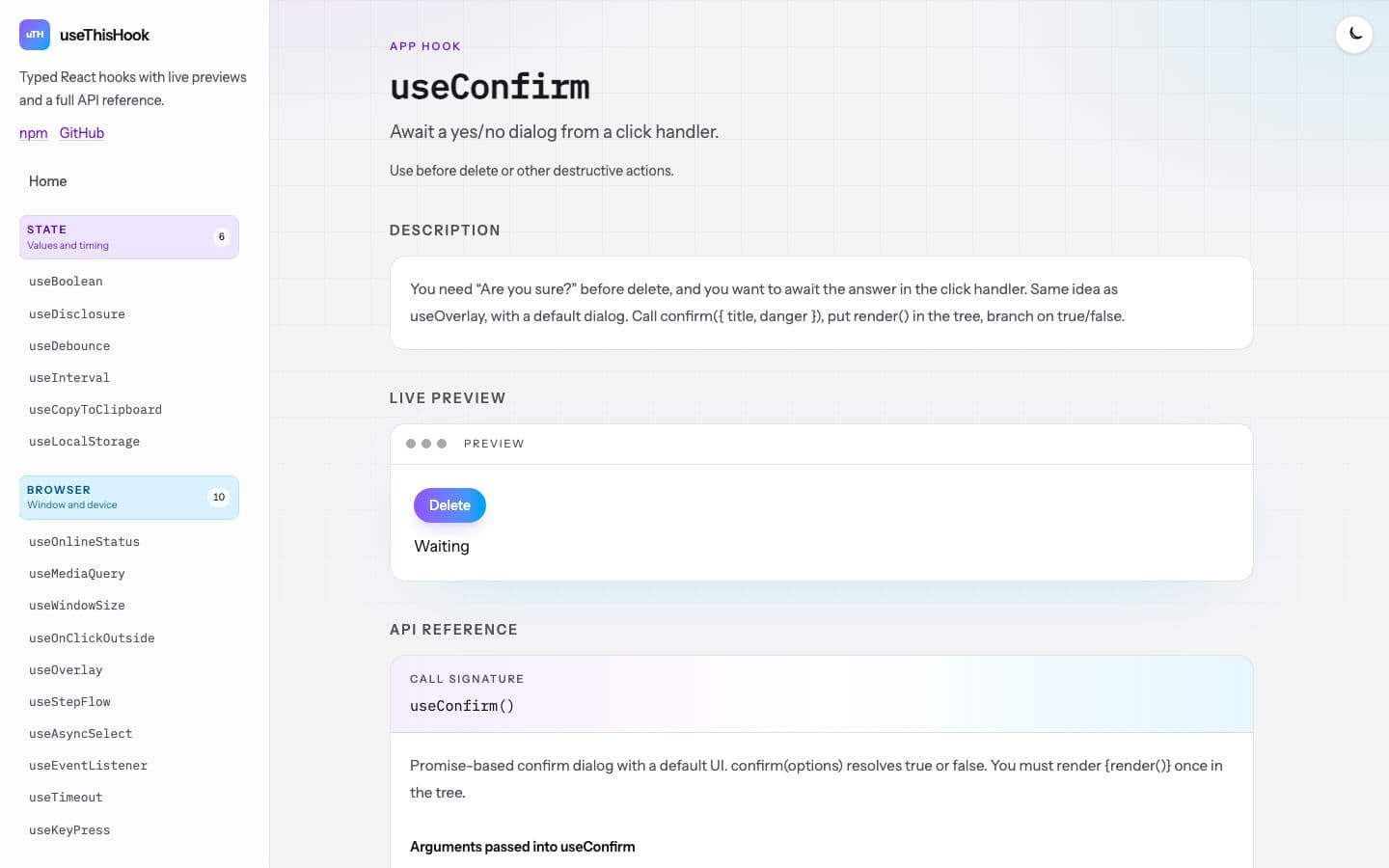 useConfirm — await a yes/no dialog from a click handler