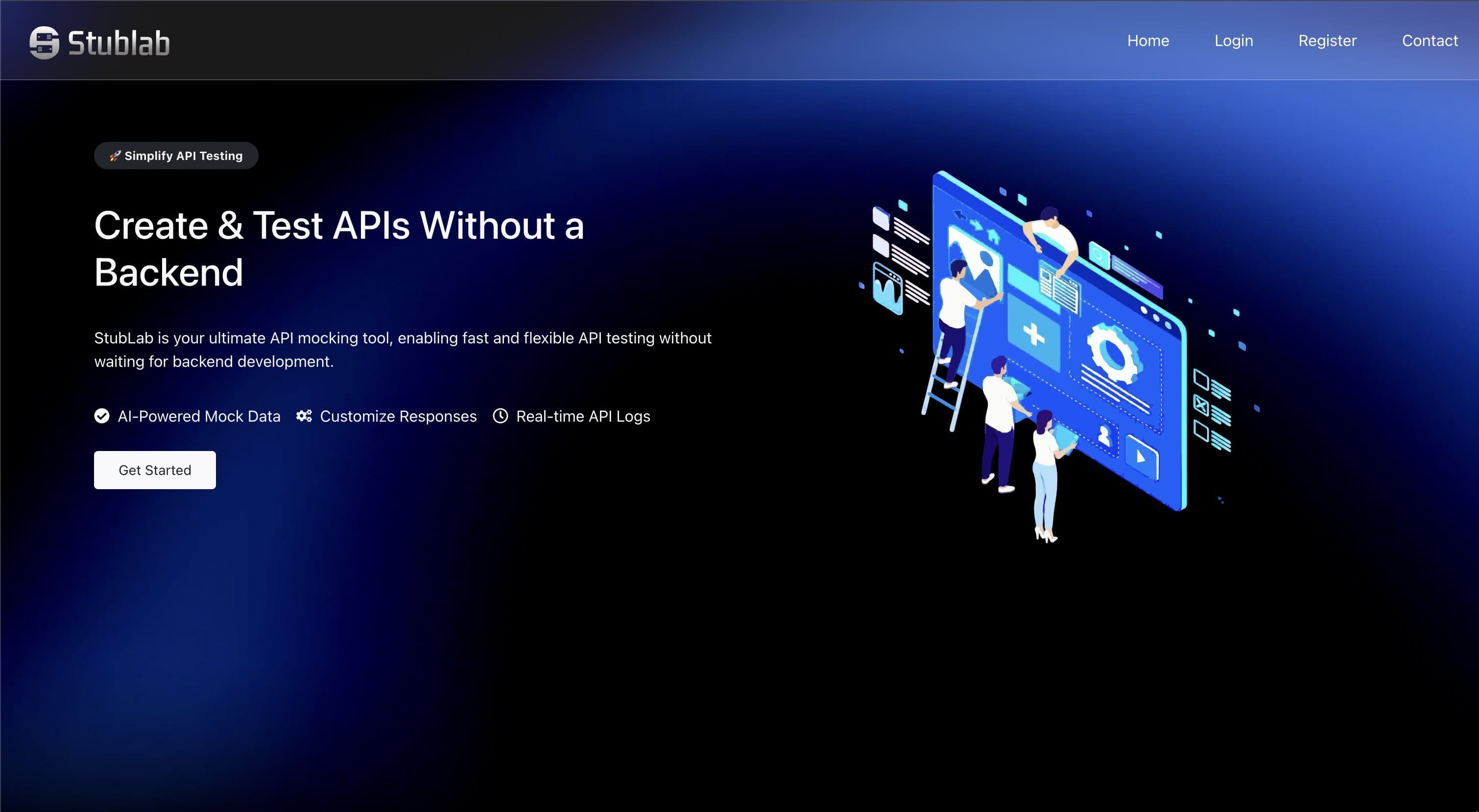 StubLab landing — create and test APIs without a backend