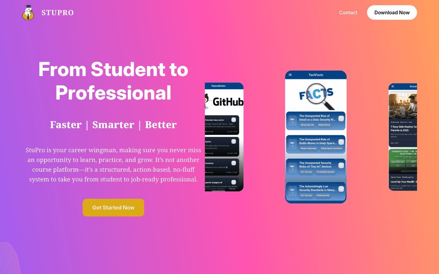 StuPro landing — from student to professional